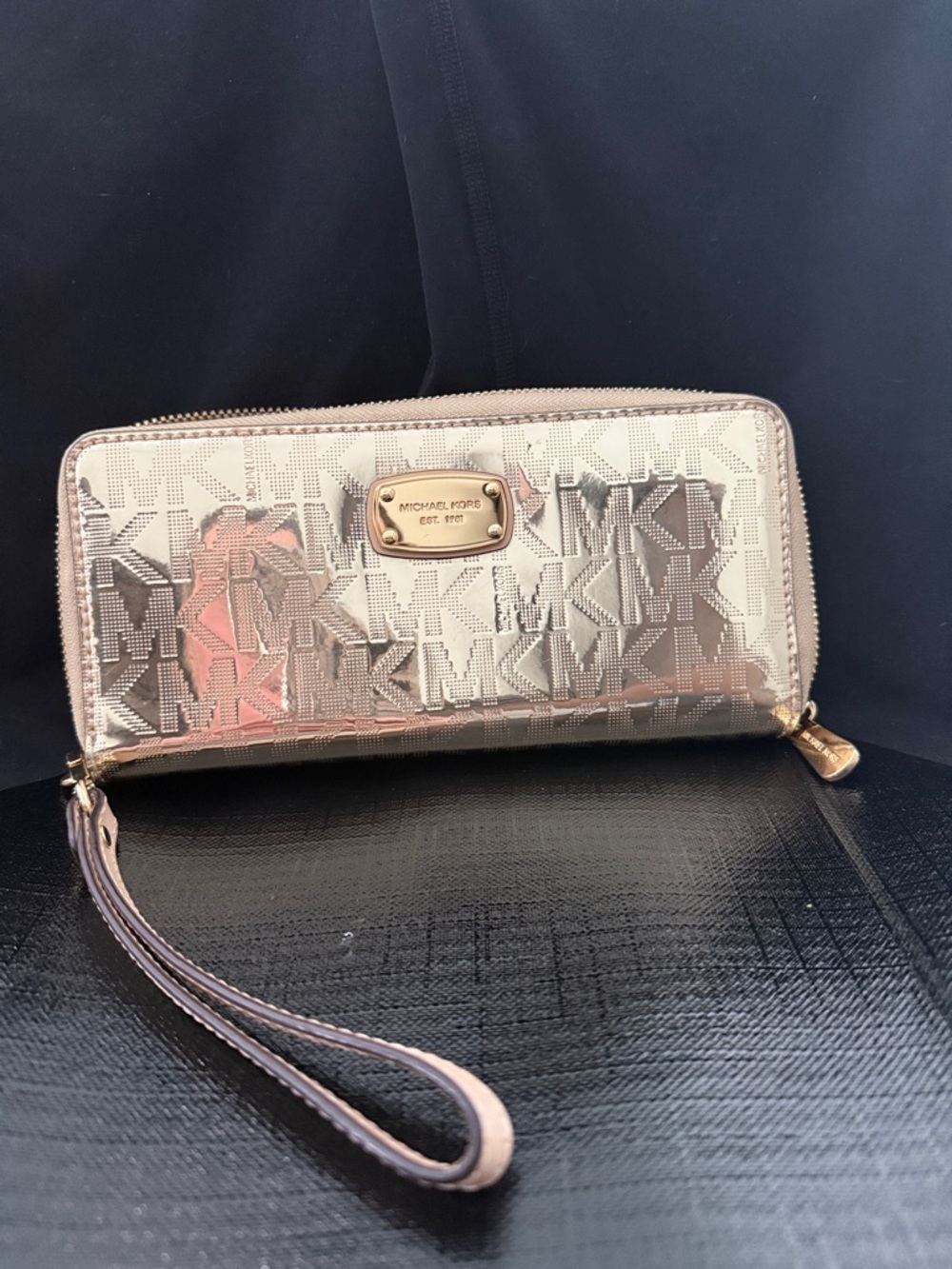Michael Kors Metallic Pink Gold MK Logo Zip Wristlet